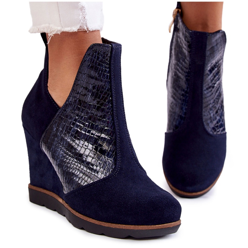 PA2 Botas de ante con cuña de cocodrilo, estampado Alda azul marino