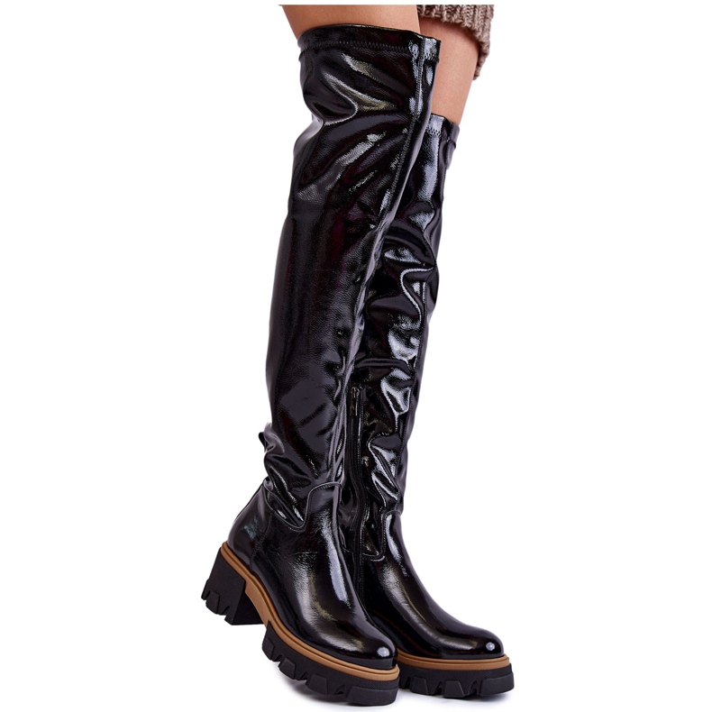 PL5 Botas de mujer lacadas de moda sobre la rodilla negro Venise