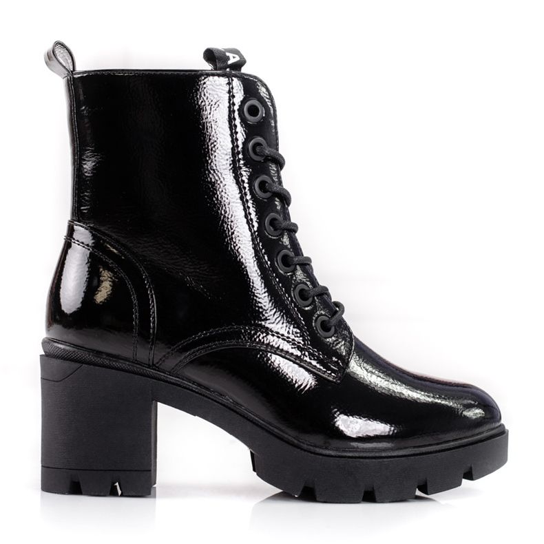 Botas de trabajadora lacadas con tacón alto para mujer. negro