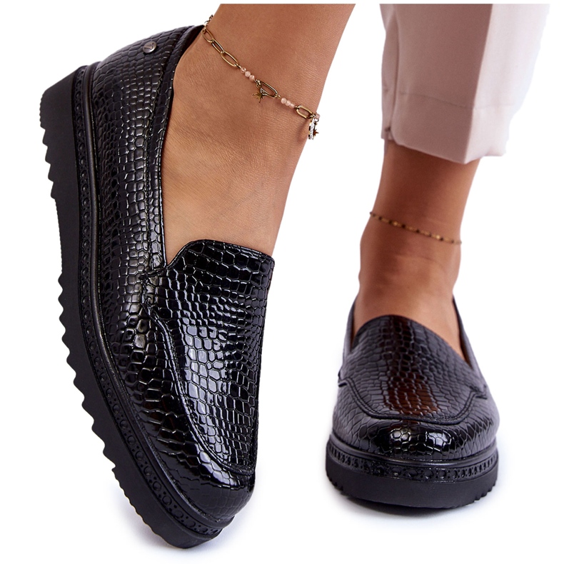 Vinceza Mocasines Lacados Estampado Cocodrilo Sobre Plataforma Diane Negro