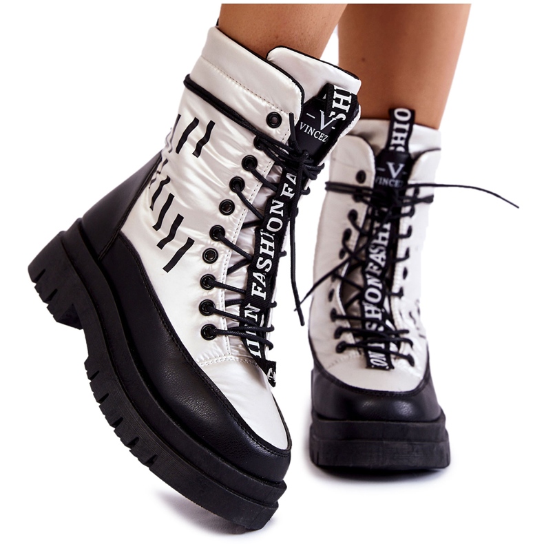 Vinceza Botas De Nieve De Mujer Con Cordones Blanco Y Negro Sharmen