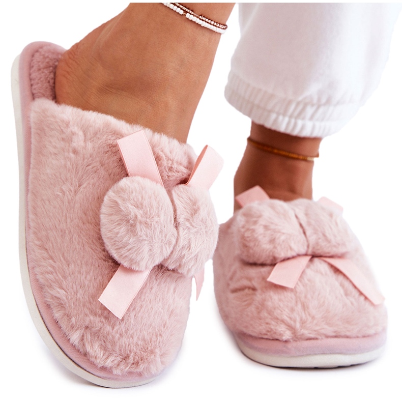 BM Pantuflas Mujer De Pelo Con Pompones Rosa Castello rosado