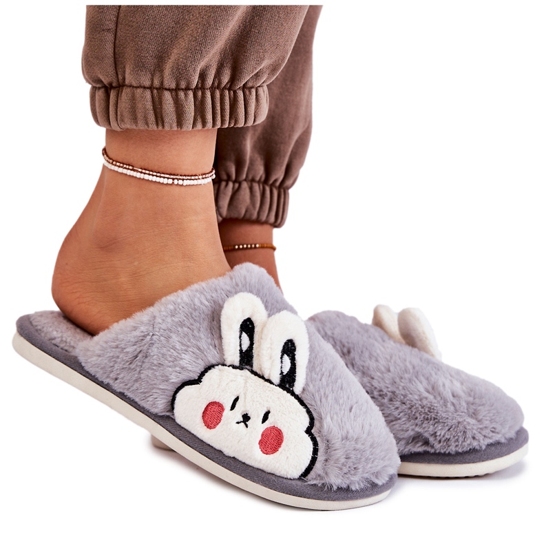 BM Pantuflas De Mujer De Pelo Con Conejo Gris Trisha BM Pantuflas De Mujer De Pelo Con Conejo Gris Trisha