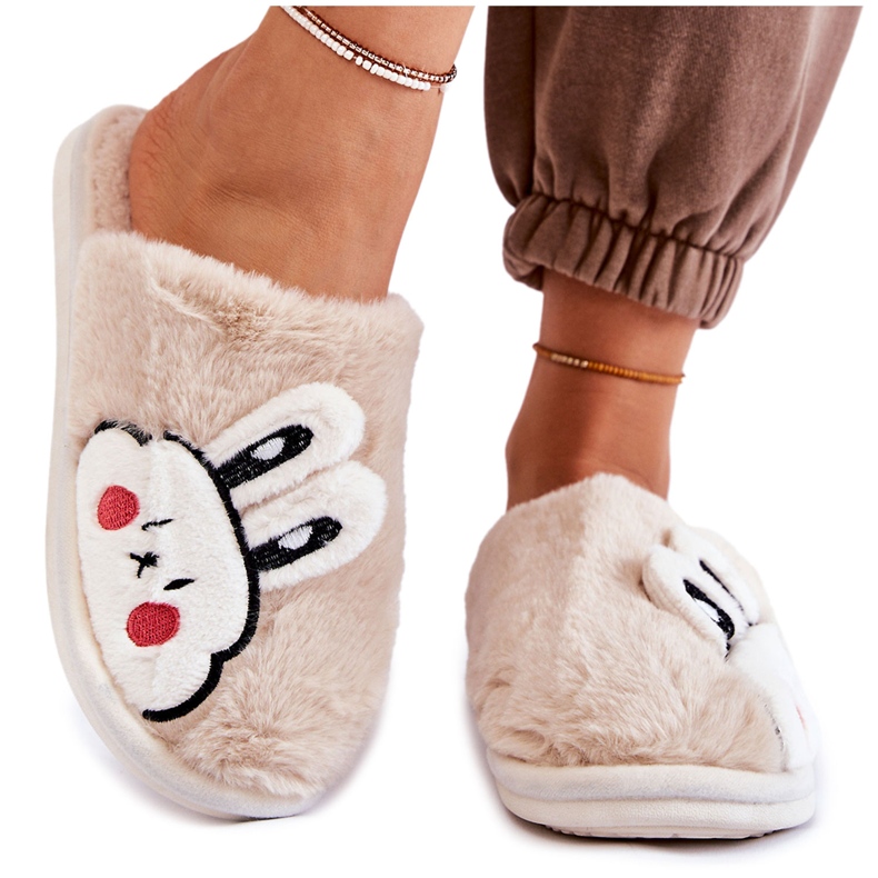 BM Pantuflas De Mujer De Pelo Con Conejo Beige Trisha