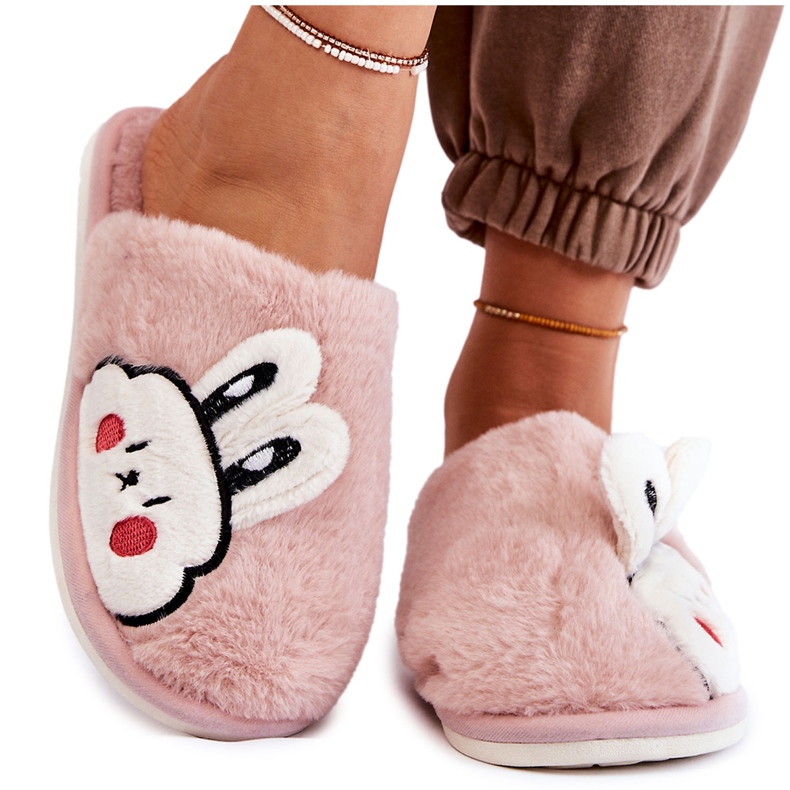 BM Pantuflas De Mujer De Pelo Con Conejo Rosa Trisha rosado