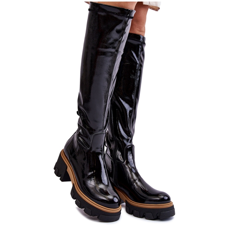 PL5 Botas sobre la rodilla de mujer lacadas de moda Black Venise negro