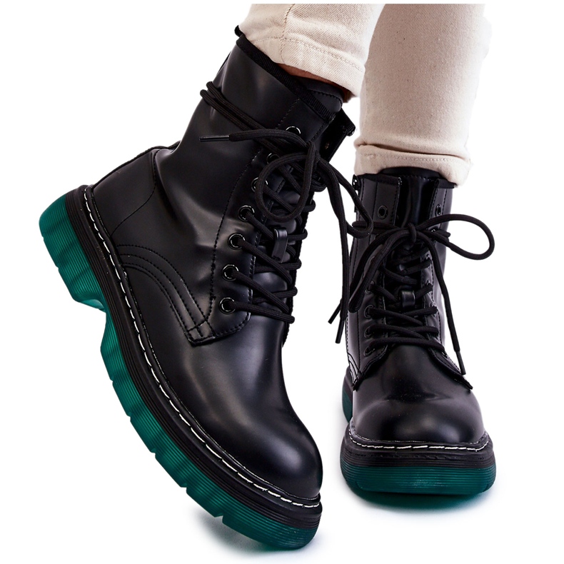 Botas De Mujer Con Cordones Y Suela Verde Black Trinah negro
