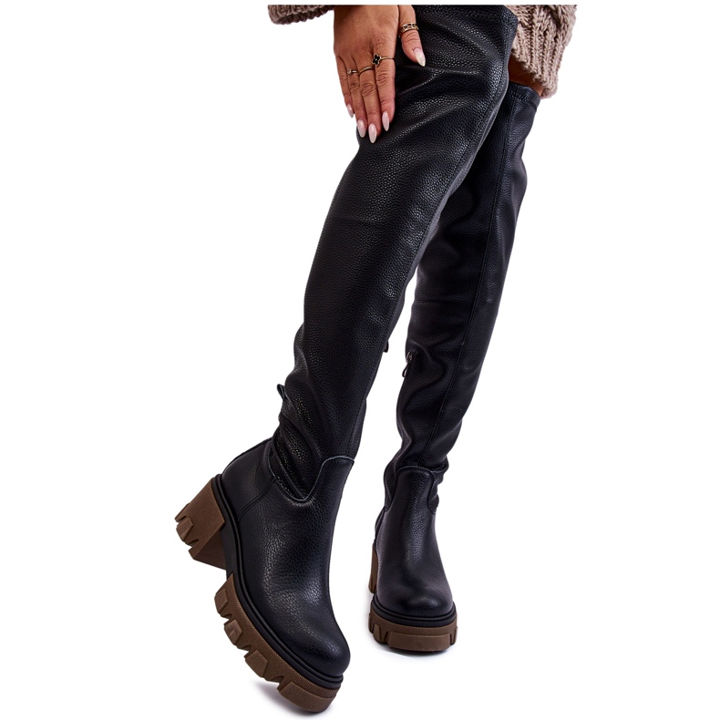 PL5 Botas sobre la rodilla de cuero de mujer de moda Negro Venise