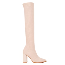 Medias hasta el muslo Shelovet con escote en V para mujer con parte superior elástica beige