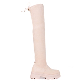 Botas hasta el muslo de mujer Shelovet en una plataforma de color beige claro Botas hasta el muslo de mujer Shelovet en una plataforma de color beige claro