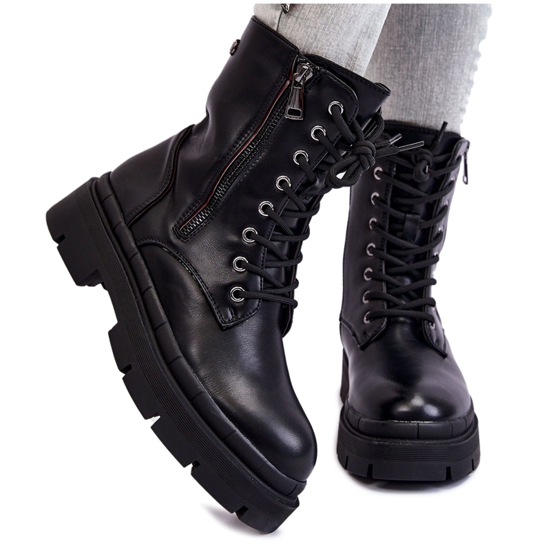 PG1 Botas Trapper De Mujer En Piel Con Cordones Black Shanna negro