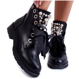 PA1 Botas de mujer con perlas Warm Skoll Ribbon negro