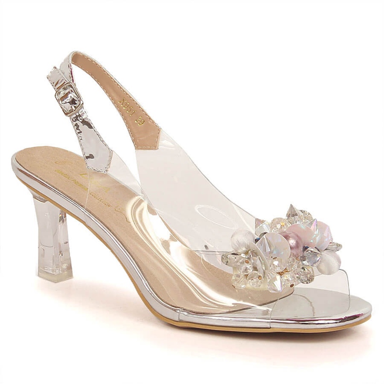 Sandalias tacón transparentes con pedrería y abalorios plata D&amp;A MR-X951