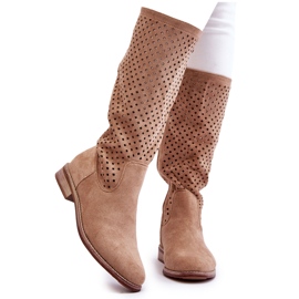 S.Barski Botas Sobre Rodilla Mujer Ante Calado Beige Sabana
