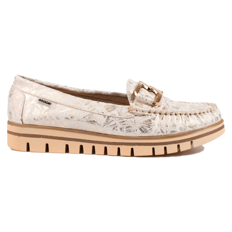Mocasines beige de mujer en la plataforma Shelovet dorado