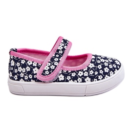 Bailarinas Infantiles Con Velcro Estampado Selah Azul Marino Y Rosa rosado