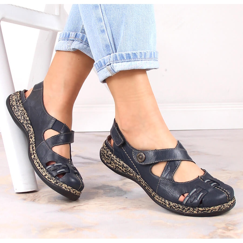 Sandalias mujer cómodas piel con velcro azul marino Rieker 46377-14