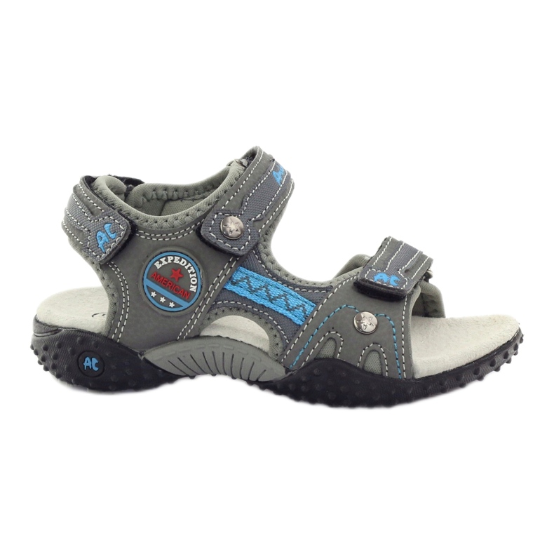 American Club Sandalias de velcro con aplicación de cuero gris americano 1618 azul