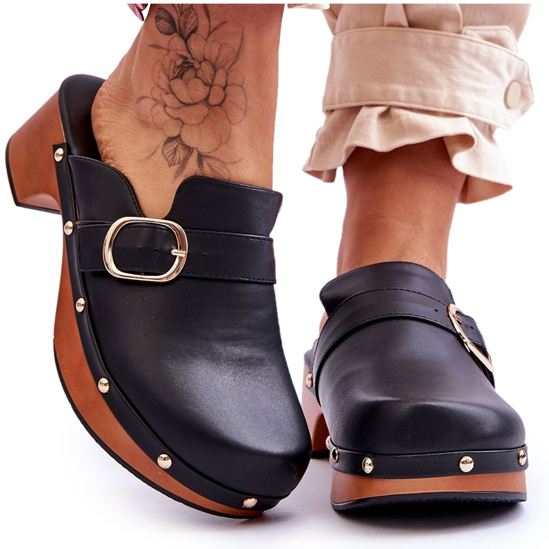 FI1 Pantuflas Mujer Piel Zuecos Negro Fanett