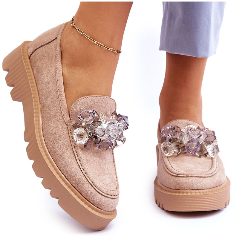 Vinceza Mocasines de ante con cristales beige Demeris