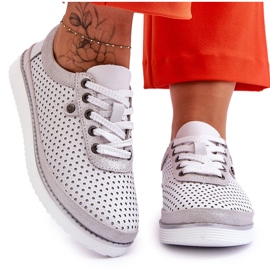 S.Barski Deportivas Cuero Calado Moda Blanco y Plata Cantare