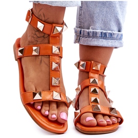 Sandalias Mujer Piel Con Grandes Tachuelas Naranja Mishigan
