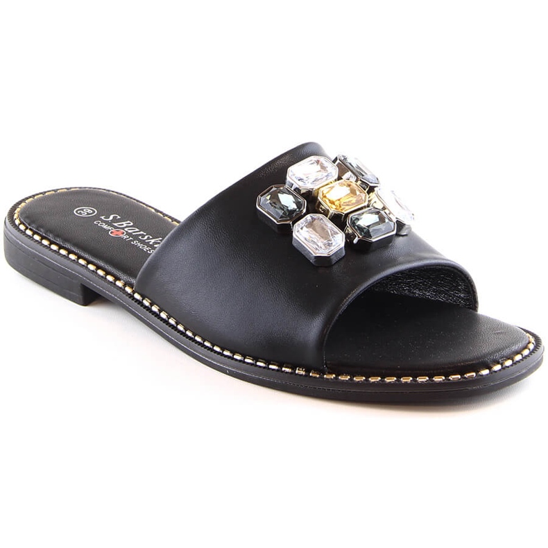 Zapatillas casa mujer planas cómodas negras con circonitas S.Barski Kv 2775-31 negro