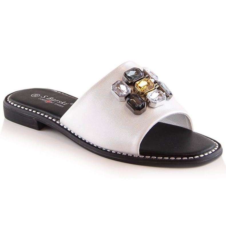 Zapatillas casa mujer planas cómodas blancas con circonitas S.Barski Kv 2775-31 blanco
