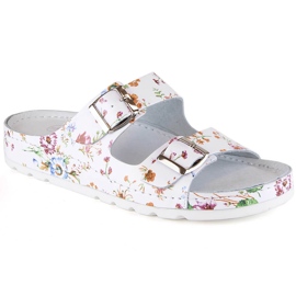 Chanclas mujer cómodas de piel con flores Helios 288 blanco