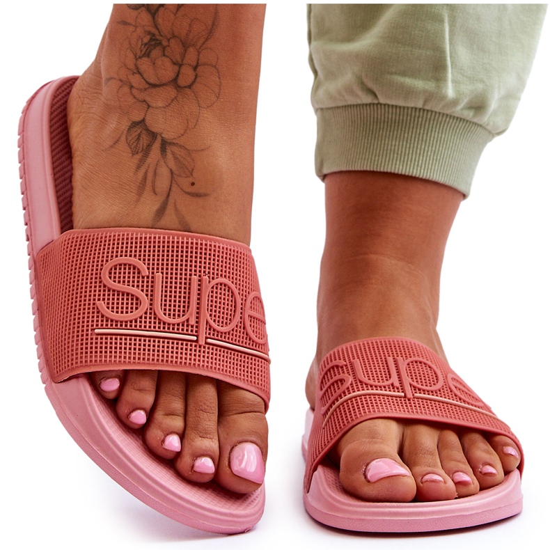Pantuflas De Mujer Ligeras Con Inscripción Feliz Rosa rosado