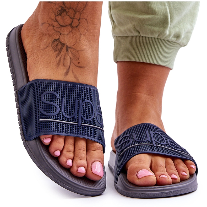 Pantuflas De Mujer Ligeras Con Inscripción Merry Azul Marino-Gris