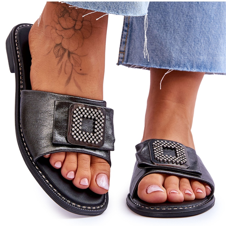 Pantuflas Mujer Piel Con Strass S.Barski KV-2775-33 Plata Oscuro