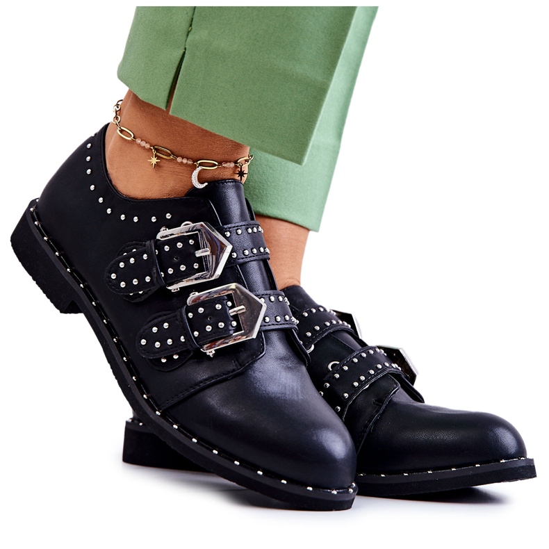 LU BOO Zapatos de cuero ecológico para mujeres con hebillas y tachuelas negras negro