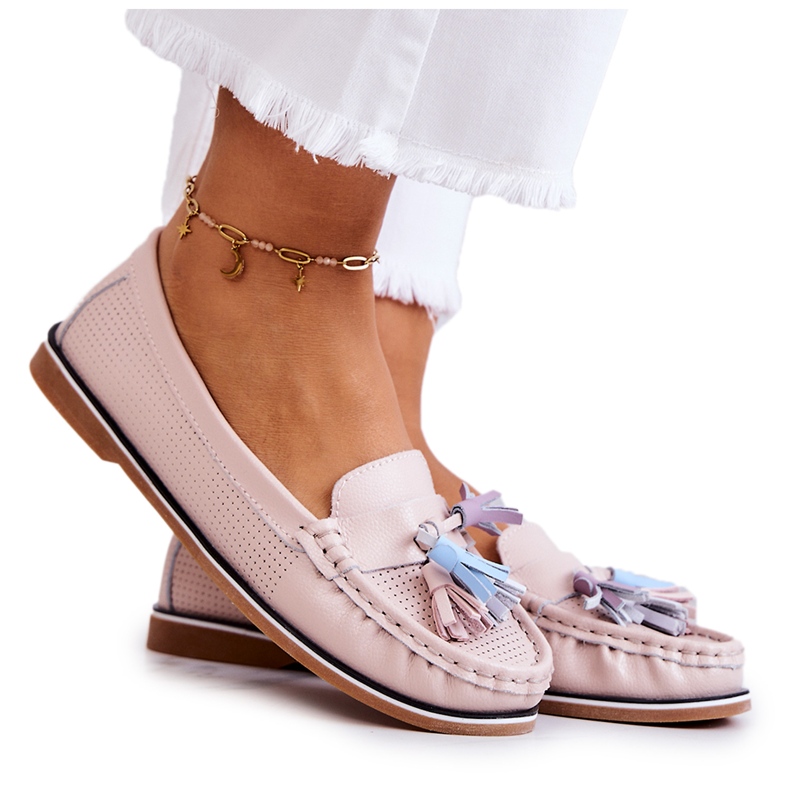 Evento Mocasines Mujer Piel Con Flecos Rosa Laressa rosado