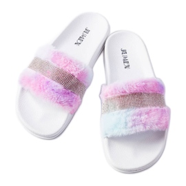 Chanclas de pelo de colores con pedrería de Carrito rosado Chanclas de pelo de colores con pedrería de Carrito rosado