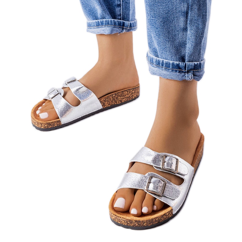 Chanclas Cincinna plateadas con suela de corcho plata
