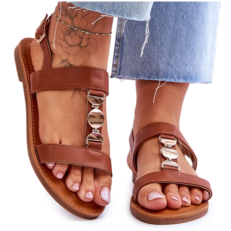 Sandalias Planas De Mujer Con Tira Decorativa Marrón Baya