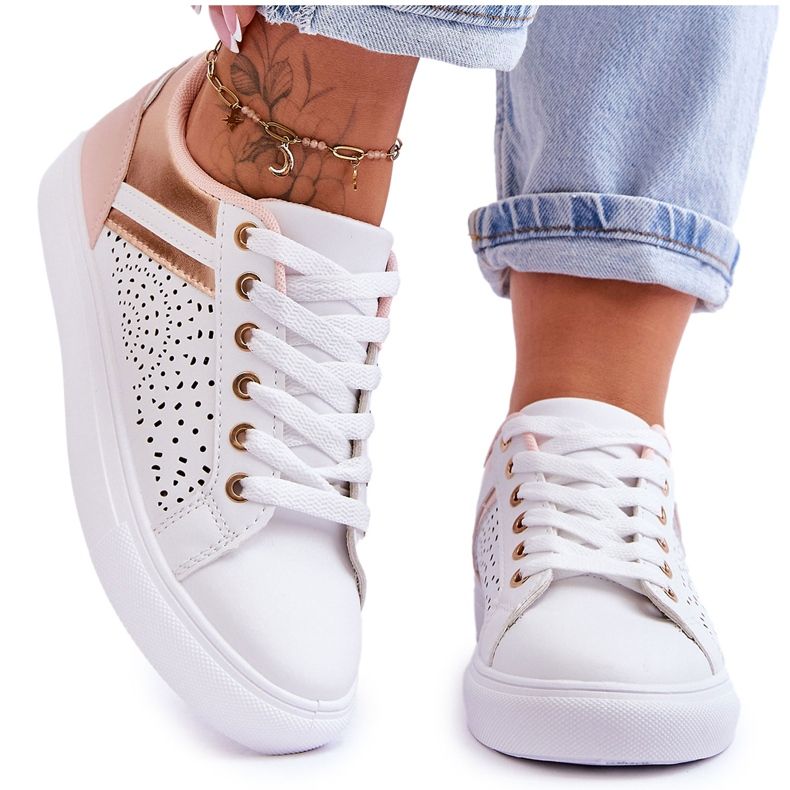 Zapatillas Deportivas Clásicas Con Estampado Calado Blanco-Rosa-Oro Happier