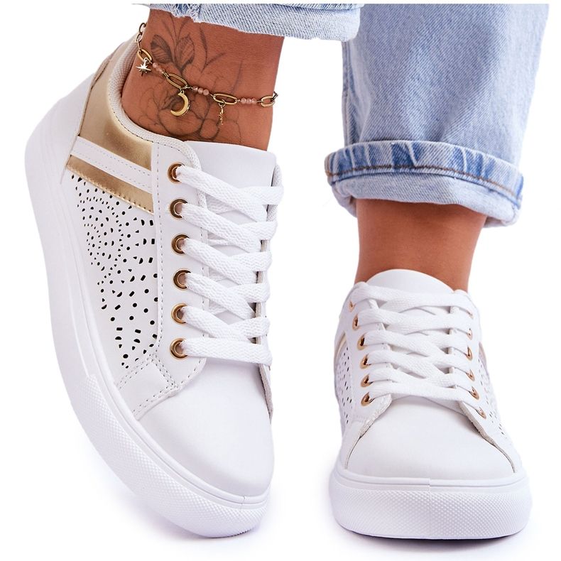 Zapatillas Deportivas Clasicas Con Estampado Calado Blanco Y Dorado Happier