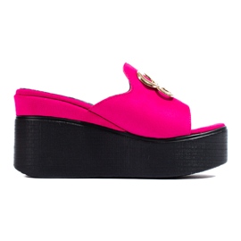 Babuchas Shelovet ante fucsia con cuña alta rosa