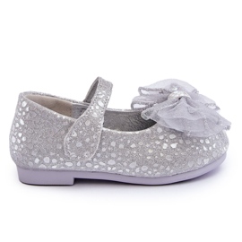 Bailarinas Infantiles Con Lazo Y Velcro Glitter Elisa Gris Plata