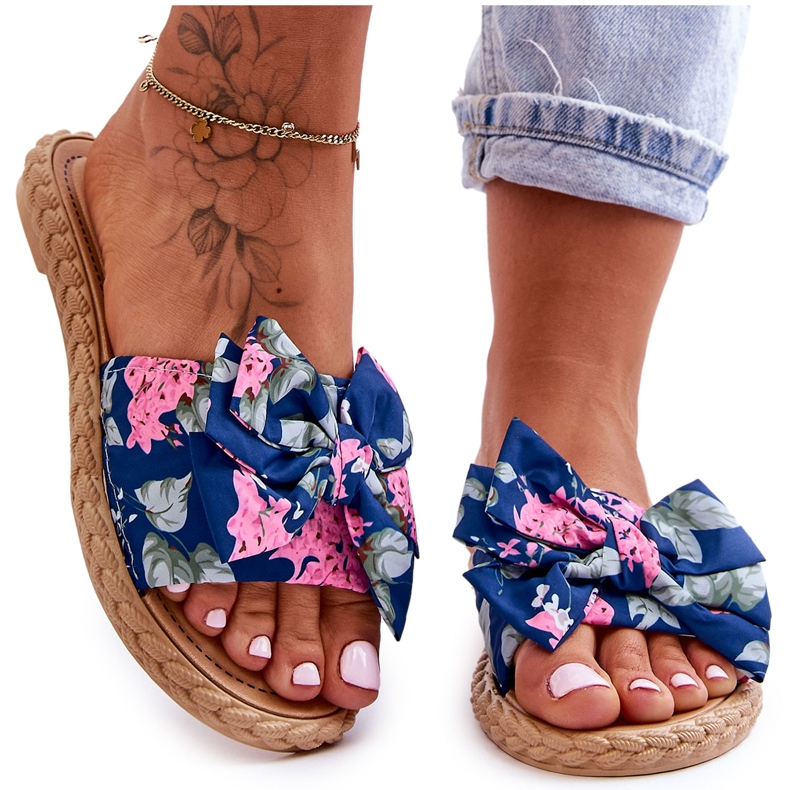 FK1 Pantuflas Mujer Lazo Tejido Flor Azul Marino