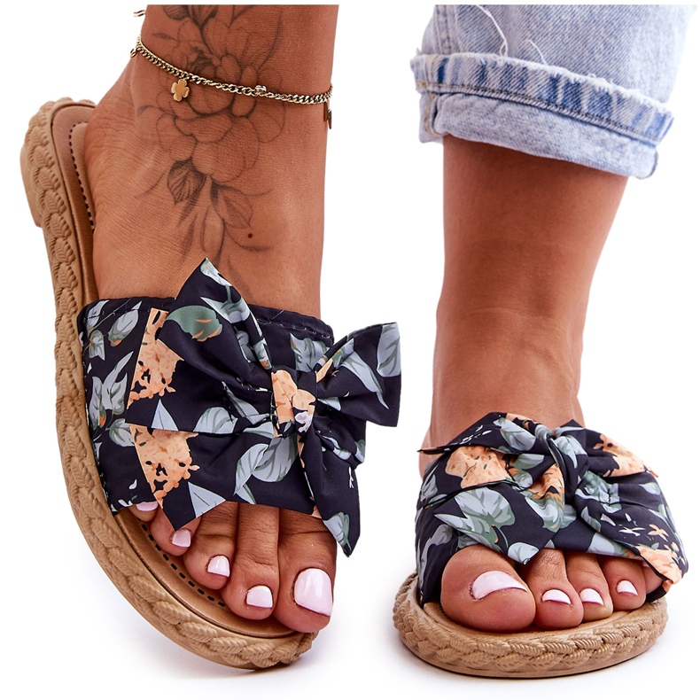 FK1 Pantuflas De Mujer Con Lazo De Tela Black Blossom negro
