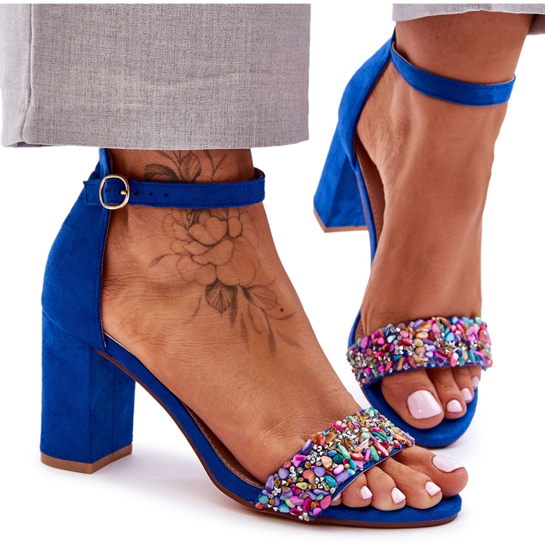 Sandalias De Tacón Alto De Moda Con Piedras Decorativas Azul Love Me