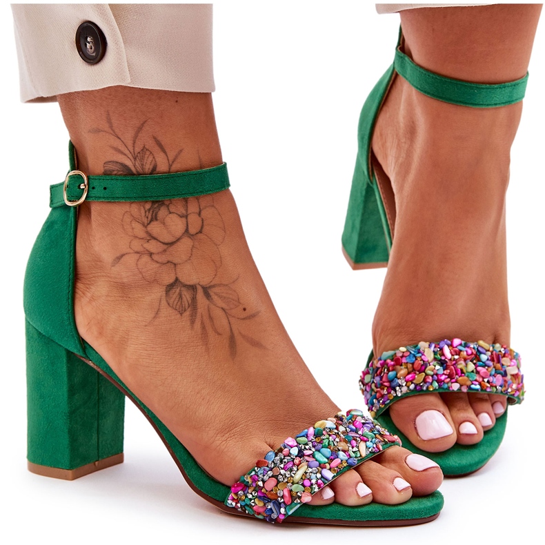 Sandalias De Tacón Alto De Moda Con Piedras Decorativas Verde Love Me