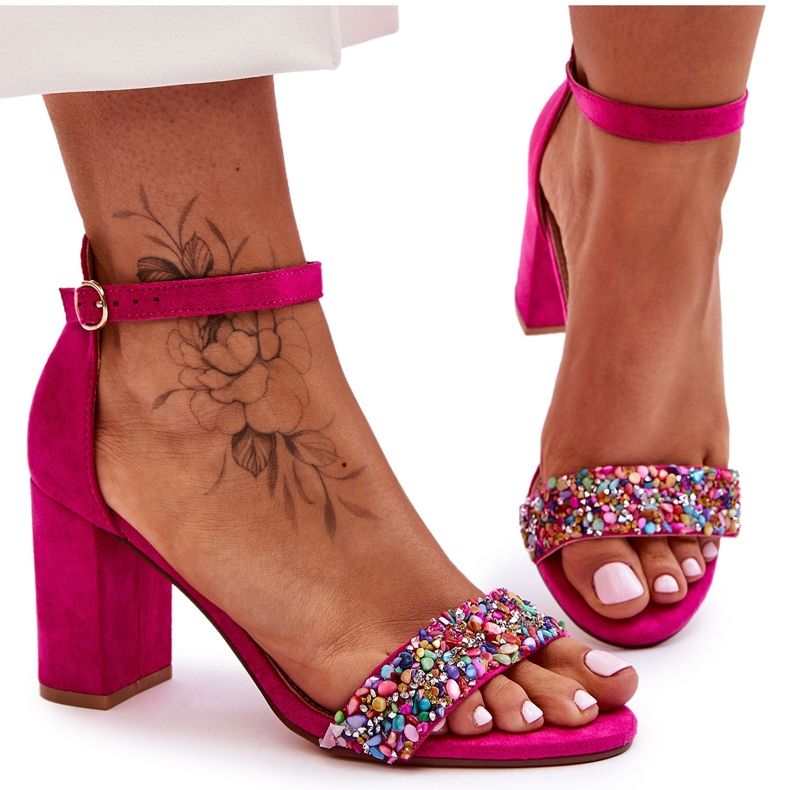 Sandalias De Tacón De Moda Con Piedras Decorativas Fucsia Love Me rosado