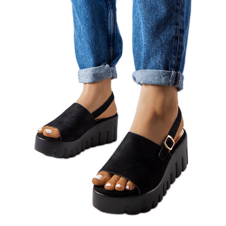 Sandalias de cuña de mujer negras de Berfin negro Sandalias de cuña de mujer negras de Berfin negro