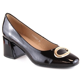 Zapatos de salón de mujer en charol con tacón decorativo negro Vinceza 10930