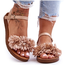 Sandalias Mujer Con Flores De Tela Beige Fiori