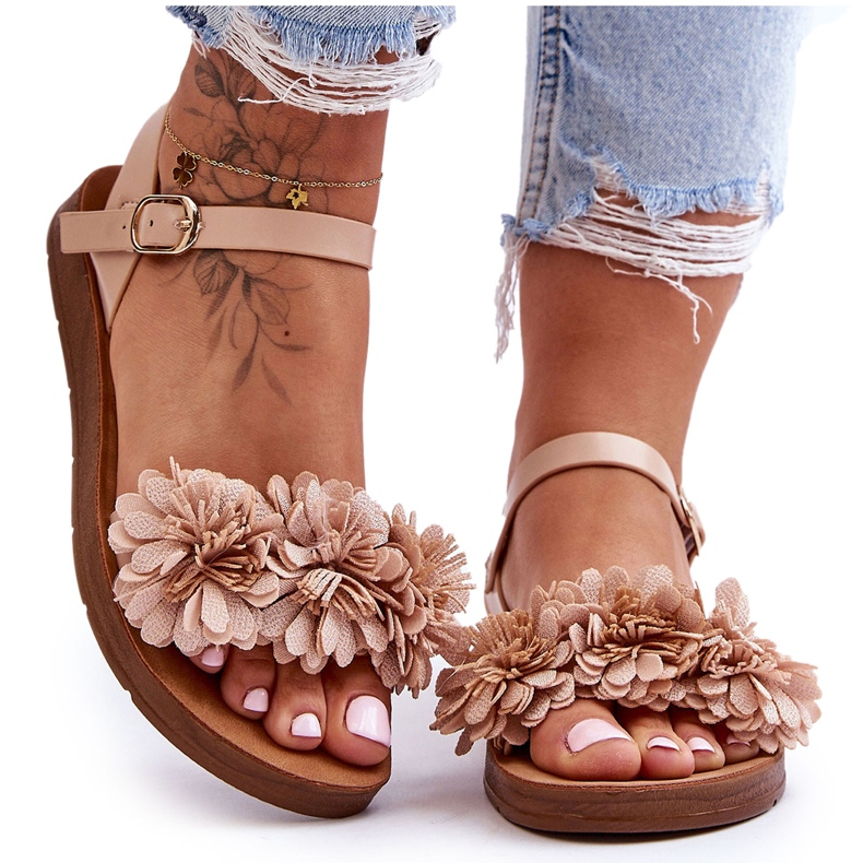 Sandalias Mujer Con Flores De Tela Beige Fiori Sandalias Mujer Con Flores De Tela Beige Fiori